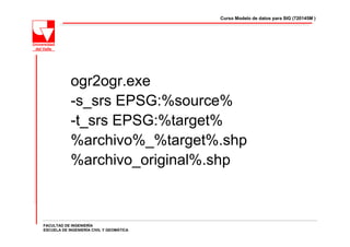 Curso Modelo de datos para SIG (720145M )




            ogr2ogr.exe
            -s_srs EPSG:%source%
            -t_srs EPSG:%target%
            %archivo%_%target%.shp
            %archivo_original%.shp



FACULTAD DE INGENIERÍA
ESCUELA DE INGENIERÍA CIVIL Y GEOMÁTICA
 