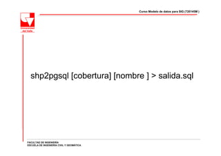 Curso Modelo de datos para SIG (720145M )




  shp2pgsql [cobertura] [nombre ] > salida.sql




FACULTAD DE INGENIERÍA
ESCUELA DE INGENIERÍA CIVIL Y GEOMÁTICA
 