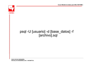 Curso Modelo de datos para SIG (720145M )




              psql -U [usuario] -d [base_datos] -f
                          [archivo].sql




FACULTAD DE INGENIERÍA
ESCUELA DE INGENIERÍA CIVIL Y GEOMÁTICA
 