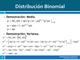 Guayaquil, junio de 2015
Distribución Binomial
Estadística para Ingenierías29
 Demostración: Media.
 Demostración: Varianza.
np
)p()p1p(n
)pe()]p1(pe[n)0(M
1n
0t
t1nt'
x






 
)p1(np
)np(np)np(np)np(p)1n(nnp
)np(])p()p1p)(1n(n)p()p1p(n[
)np()pe()]p1(pe)[1n(n)pe()]p1(pe[n
)0(M)0(M
2
222222
222n1n2
2
0t
2t2ntt1nt2
2'
x
''
x
2







 




 