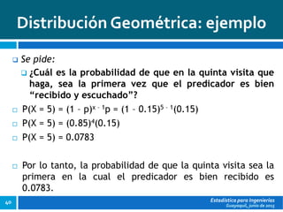 Guayaquil, junio de 2015
Distribución Geométrica: ejemplo
Estadística para Ingenierías40
 Se pide:
 ¿Cuál es la probabilidad de que en la quinta visita que
haga, sea la primera vez que el predicador es bien
“recibido y escuchado”?
 P(X = 5) = (1 – p)x – 1p = (1 – 0.15)5 – 1(0.15)
 P(X = 5) = (0.85)4(0.15)
 P(X = 5) = 0.0783
 Por lo tanto, la probabilidad de que la quinta visita sea la
primera en la cual el predicador es bien recibido es
0.0783.
 
