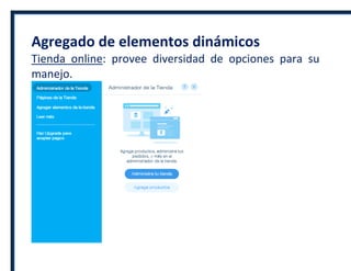 Agregado de elementos dinámicos
Tienda online: provee diversidad de opciones para su
manejo.
 