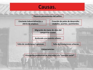 Causas.
Migración de mano de obra del
campo a la ciudad.
Creciente Industrialización y
oferta de empleos.
Falta de instalaciones urbanas.Falta de condiciones higiénicas.
Creación de polos de desarrollo:
ciudades, puertos, yacimientos.
Acelerado crecimiento urbano.
Riquezas provenientes del salitre.
Consecuencias:
Principales problemáticas asociadas a la “cuestión social”.
 