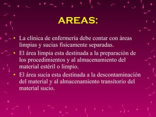 AREAS: La clínica de enfermería debe contar con áreas limpias y sucias físicamente separadas.  El área limpia esta destinada a la preparación de los procedimientos y al almacenamiento del material estéril o limpio. El área sucia esta destinada a la descontaminación del material y al almacenamiento transitorio del material sucio. 