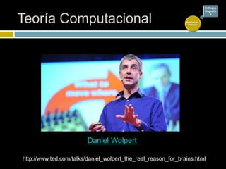 Teoría Computacional
Daniel Wolpert
Movimiento
Humano
Enfoque
Cognitiv
o
http://www.ted.com/talks/daniel_wolpert_the_real_reason_for_brains.html
 