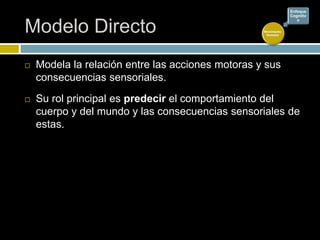 Modelo Directo
 Modela la relación entre las acciones motoras y sus
consecuencias sensoriales.
 Su rol principal es predecir el comportamiento del
cuerpo y del mundo y las consecuencias sensoriales de
estas.
Movimiento
Humano
Enfoque
Cognitiv
o
 