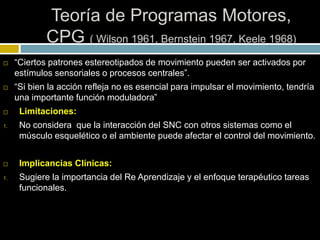 Teoría de Programas Motores,
CPG ( Wilson 1961, Bernstein 1967, Keele 1968)
 “Ciertos patrones estereotipados de movimiento pueden ser activados por
estímulos sensoriales o procesos centrales”.
 “Si bien la acción refleja no es esencial para impulsar el movimiento, tendría
una importante función moduladora”
 Limitaciones:
1. No considera que la interacción del SNC con otros sistemas como el
músculo esquelético o el ambiente puede afectar el control del movimiento.
 Implicancias Clínicas:
1. Sugiere la importancia del Re Aprendizaje y el enfoque terapéutico tareas
funcionales.
 