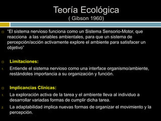 Teoría Ecológica
( Gibson 1960)
 “El sistema nervioso funciona como un Sistema Sensorio-Motor, que
reacciona a las variables ambientales, para que un sistema de
percepción/acción activamente explore el ambiente para satisfacer un
objetivo”
 Limitaciones:
1. Entiende el sistema nervioso como una interface organismo/ambiente,
restándoles importancia a su organización y función.
 Implicancias Clínicas:
1. La exploración activa de la tarea y el ambiente lleva al individuo a
desarrollar variadas formas de cumplir dicha tarea.
2. La adaptabilidad implica nuevas formas de organizar el movimiento y la
percepción.
 