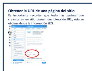 Obtener la URL de una página del sitio
Es importante recordar que todas las páginas que
creamos en un sitio poseen una dirección URL, esta se
obtiene desde la información SEO.
 