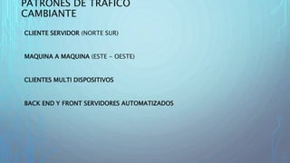 PATRONES DE TRAFICO
CAMBIANTE
CLIENTE SERVIDOR (NORTE SUR)
MAQUINA A MAQUINA (ESTE - OESTE)
CLIENTES MULTI DISPOSITIVOS
BACK END Y FRONT SERVIDORES AUTOMATIZADOS
 