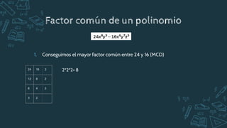 Factor común de un polinomio
1. Conseguimos el mayor factor común entre 24 y 16 (MCD)
24 16 2
12 8 2
6 4 2
3 2
2*2*2= 8
 
