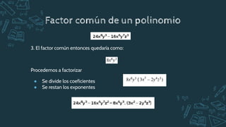 Factor común de un polinomio
3. El factor común entonces quedaría como:
Procedemos a factorizar
● Se divide los coeficientes
● Se restan los exponentes
 