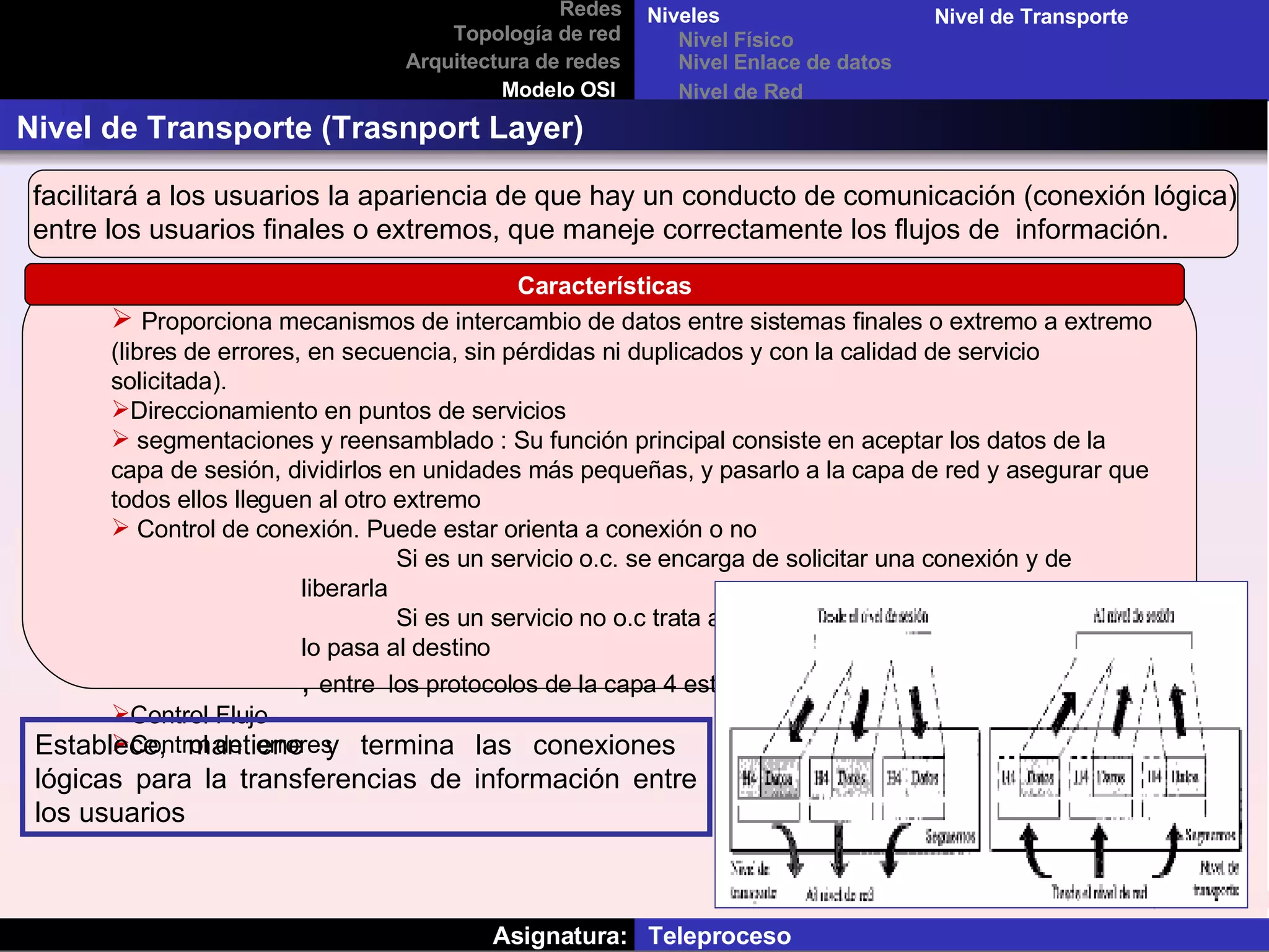 Asignatura:  Teleproceso Redes Topología de red Arquitectura de redes Modelo OSI Nivel de Transporte (Trasnport Layer) Niveles  Nivel Físico facilitará a los usuarios la apariencia de que hay un conducto de comunicación (conexión lógica) entre los usuarios finales o extremos, que maneje correctamente los flujos de  información. Características Proporciona mecanismos de intercambio de datos entre sistemas finales o extremo a extremo (libres de errores, en secuencia, sin pérdidas ni duplicados y con la calidad de servicio solicitada). Direccionamiento en puntos de servicios  segmentaciones y reensamblado : Su función principal consiste en aceptar los datos de la capa de sesión, dividirlos en unidades más pequeñas, y pasarlo a la capa de red y asegurar que todos ellos lleguen al otro extremo   Control de conexión. Puede estar orienta a conexión o no  Si es un servicio o.c. se encarga de solicitar una conexión y de liberarla Si es un servicio no o.c trata al paquete  de manera  independiente y lo pasa al destino  ,  entre  los protocolos de la capa 4 esta TCP y UDP. Control Flujo  Control de  errores  Establece, mantiene y termina las conexiones  lógicas para la transferencias de información entre los usuarios  Nivel Enlace de datos  Nivel de Red Nivel de Transporte 