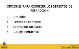 OPCIONES PARA CORREGIR LOS DEFECTOS DE
             REFRACCIÓN
a-   Anteojos
b-   Lentes de contacto
c-   Lentes intraoculares
d-   Cirugía Refractiva
 