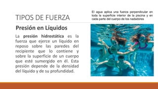TIPOS DE FUERZA
Presión en Líquidos
La presión hidrostática es la
fuerza que ejerce un líquido en
reposo sobre las paredes del
recipiente que lo contiene y
sobre la superficie de un cuerpo
que esté sumergido en él. Esta
presión depende de la densidad
del líquido y de su profundidad.
El agua aplica una fuerza perpendicular en
toda la superficie interior de la piscina y en
cada parte del cuerpo de los nadadores
 