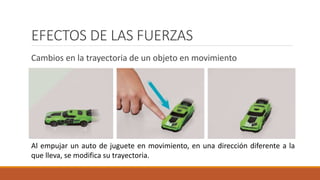 EFECTOS DE LAS FUERZAS
Cambios en la trayectoria de un objeto en movimiento
Al empujar un auto de juguete en movimiento, en una dirección diferente a la
que lleva, se modifica su trayectoria.
 