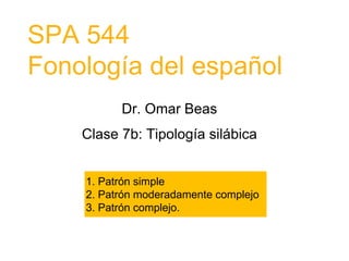SPA 544
Fonología del español
Dr. Omar Beas
Clase 7b: Tipología silábica
1. Patrón simple
2. Patrón moderadamente complejo
3. Patrón complejo.
 