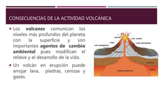 CONSECUENCIAS DE LA ACTIVIDAD VOLCÁNICA
 Los volcanes comunican los
niveles más profundos del planeta
con la superficie y son
importantes agentes de cambio
ambiental pues modifican el
relieve y el desarrollo de la vida.
 Un volcán en erupción puede
arrojar lava, piedras, cenizas y
gases.
 
