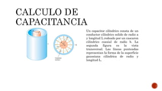 Un capacitor cilíndrico consta de un 
conductor cilíndrico solido de radio a 
y longitud L rodeado por un cascaron 
cilíndrico coaxial de radio b. La 
segunda figura es la vista 
transversal. Las líneas punteadas 
representan la forma de la superficie 
gaussiana cilíndrica de radio y 
longitud L. 
 