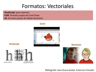 Formatos: Vectoriales
•PostScript: para imprimir.
•CDR: formato propio de Corel Draw.
•AI: formato propio de Adobe Illustrator.
PostScript
Corel
Illustrator
Bibliografía: Sara Osuna Acedo. Entornos Virtuales
 