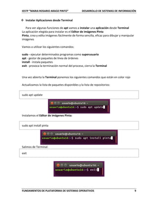 IESTP “MARIA ROSARIO ARAOZ PINTO” DESARROLLO DE SISTEMAS DE INFORMACIÓN
FUNDAMENTOS DE PLATAFORMA DE SISTEMAS OPERATIVOS 9
 Instalar Aplicaciones desde Terminal
Para ver algunas funciones de apt vamos a instalar una aplicación desde Terminal
La aplicación elegida para instalar es el Editor de imágenes Pinta
Pinta, crea y edita imágenes fácilmente de forma sencilla, eficaz para dibujar y manipular
imágenes
Vamos a utilizar los siguientes comandos:
sudo - ejecutar determinados programas como superusuario
apt - gestor de paquetes de línea de órdenes
install - instala paquetes
exit - provoca la terminación normal del proceso, cierra la Terminal
Una vez abierta la Terminal ponemos los siguientes comandos que están en color rojo
Actualizamos la lista de paquetes disponibles y la lista de repositorios:
sudo apt update
Instalamos el Editor de imágenes Pinta:
sudo apt install pinta
Salimos de Terminal:
exit
 