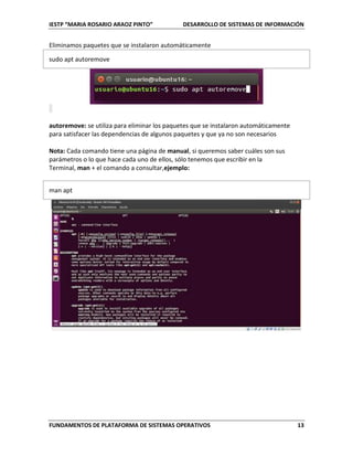 IESTP “MARIA ROSARIO ARAOZ PINTO” DESARROLLO DE SISTEMAS DE INFORMACIÓN
FUNDAMENTOS DE PLATAFORMA DE SISTEMAS OPERATIVOS 13
Eliminamos paquetes que se instalaron automáticamente
sudo apt autoremove
autoremove: se utiliza para eliminar los paquetes que se instalaron automáticamente
para satisfacer las dependencias de algunos paquetes y que ya no son necesarios
Nota: Cada comando tiene una página de manual, si queremos saber cuáles son sus
parámetros o lo que hace cada uno de ellos, sólo tenemos que escribir en la
Terminal, man + el comando a consultar,ejemplo:
man apt
 