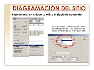 Para colocar un enlace se utiliza el siguiente comando:
DIAGRAMACIÓN DEL SITIO
Los enlaces nos pueden redireccionar
a una página web, una dirección de
correo electrónica, un marcador, etc.
 