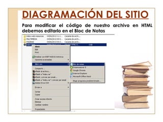 Para modificar el código de nuestro archivo en HTML
debemos editarlo en el Bloc de Notas
DIAGRAMACIÓN DEL SITIO
 