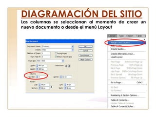 Las columnas se seleccionan al momento de crear un
nuevo documento o desde el menú Layout
DIAGRAMACIÓN DEL SITIO
 
