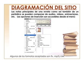 Las notas principales de una revista como así también de un
periódico se pueden componer de audios, videos, animaciones,
etc. Las opciones de inserción son accesibles desde el menú:
DIAGRAMACIÓN DEL SITIO
Algunos de los formatos aceptados son flv, mp3 y swf
 