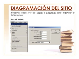 DIAGRAMACIÓN DEL SITIO
Uso de tablas
Podemos hacer uso de tablas o columnas para organizar la
información.
 