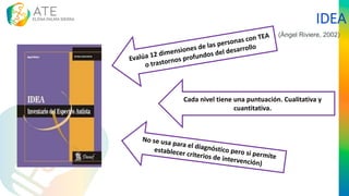 IDEA
Evalúa 12 dimensiones de las personas con TEA
o trastornos profundos del desarrollo
Cada nivel tiene una puntuación. Cualitativa y
cuantitativa.
No se usa para el diagnóstico pero si permite
establecer criterios de intervención)
(Ángel Riviere, 2002)
 