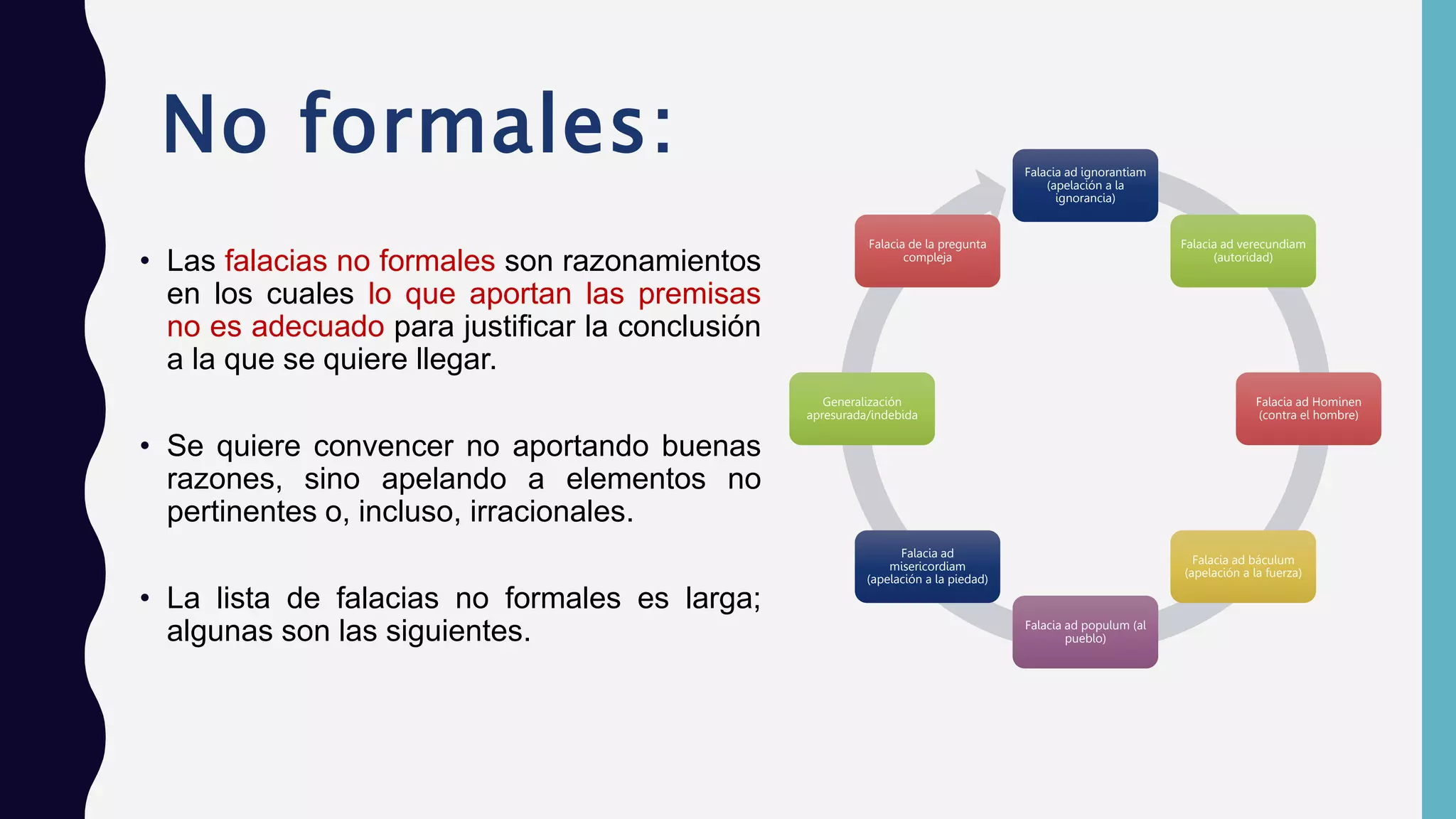 No formales:
• Las falacias no formales son razonamientos
en los cuales lo que aportan las premisas
no es adecuado para justificar la conclusión
a la que se quiere llegar.
• Se quiere convencer no aportando buenas
razones, sino apelando a elementos no
pertinentes o, incluso, irracionales.
• La lista de falacias no formales es larga;
algunas son las siguientes.
Falacia ad ignorantiam
(apelación a la
ignorancia)
Falacia ad verecundiam
(autoridad)
Falacia ad Hominen
(contra el hombre)
Falacia ad báculum
(apelación a la fuerza)
Falacia ad populum (al
pueblo)
Falacia ad
misericordiam
(apelación a la piedad)
Generalización
apresurada/indebida
Falacia de la pregunta
compleja
 