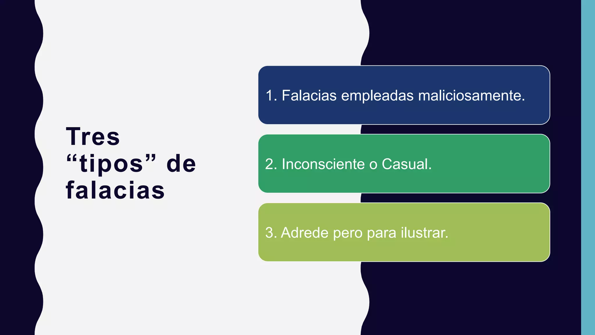 Tres
“tipos” de
falacias
1. Falacias empleadas maliciosamente.
2. Inconsciente o Casual.
3. Adrede pero para ilustrar.
 