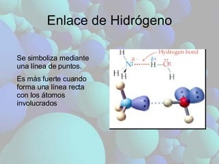 Enlace de Hidrógeno Se simboliza mediante una línea de puntos. Es más fuerte cuando forma una línea recta con los átomos involucrados 