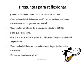 Preguntas	para	reﬂexionar	
1.  ¿Cómo	caliﬁcaría	la	calidad	de	la	capacitación	en	Chile?	
2.  ¿Cuál	es	la	realidad	de	la	capacitación	en	pequeñas	y	medianas	
empresas	versus	las	grandes	empresas?	
3.  ¿Cuál	son	los	beneﬁcios	de	la	franquicia	tributaria	SENCE?	
4.  ¿Para	qué	se	capacita?	
5.  ¿Por	qué	uno	de	los	principales	problemas	de	la	capacitación	es	el	
DiagnósAco?	
6.  ¿Cuál	es	el	rol	de	las	áreas	especialistas	de	Capacitación	en	las	
empresas?	
7.  ¿Sigo	capacitando	o	despido?	
Marcela	Topaz	 15	
 