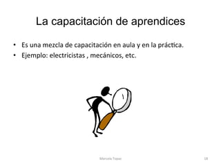 La capacitación de aprendices
•  Es	una	mezcla	de	capacitación	en	aula	y	en	la	prácAca.	
•  Ejemplo:	electricistas	,	mecánicos,	etc.	
	
		
	
Marcela	Topaz	 18	
 