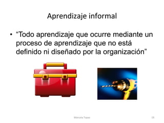 Aprendizaje	informal	
•  “Todo aprendizaje que ocurre mediante un
proceso de aprendizaje que no está
definido ni diseñado por la organización”
Marcela	Topaz	 19	
 