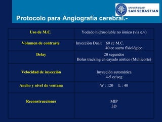 Protocolo para Angiografía cerebral.- Uso de M.C.  Yodado hidrosoluble no iónico (vía e.v) Volumen de contraste  Inyección...
