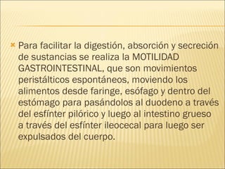 Para facilitar la digestión, absorción y secreción de sustancias se realiza la MOTILIDAD GASTROINTESTINAL, que son movimientos peristálticos espontáneos, moviendo los alimentos desde faringe, esófago y dentro del estómago para pasándolos al duodeno a través del esfínter pilórico y luego al intestino grueso a través del esfínter ileocecal para luego ser expulsados del cuerpo.  