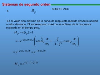 Sistemas de segundo orden
SOBREPASO

Mp

4.

Es el valor pico máximo de la curva de respuesta medido desde la unidad
o valor deseado. El sobreimpulso máximo se obtiene de la respuesta
evaluada en el tiempo pico.

M p = c(t p ) − 1
= −e

ts π
ζ
π
cos ω d
+
senω d
2

ωd
ωd
1−ζ


−ζω n (π ω d ) 


= e −ζ ( ω n

Mp=e

ωd )π

(

−ζ

= e −( σ

)

1−ζ 2 π

ωd )π






 