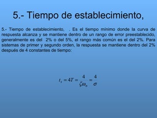 5.- Tiempo de establecimiento,
5.- Tiempo de establecimiento, . Es el tiempo mínimo donde la curva de
respuesta alcanza y se mantiene dentro de un rango de error preestablecido,
generalmente es del 2% o del 5%, el rango más común es el del 2%. Para
sistemas de primer y segundo orden, la respuesta se mantiene dentro del 2%
después de 4 constantes de tiempo:

4
4
t s = 4T =
=
ζω n σ

 
