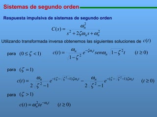 Sistemas de segundo orden

111111111111111111111111111111111111111111111111111111111111111111111111111

Respuesta impulsiva de sistemas de segundo orden
2
ωn
C ( s) = 2
2
s + 2ζω n s + ωn

Utilizando transformada inversa obtenemos las siguientes soluciones de c (t )
para (0 ≤ ζ < 1)

ωn
c (t ) =
e −ζωnt senωn 1 − ζ 2 t
1− ζ 2

(t ≥ 0)

para (ζ = 1)

ωn
c(t ) =
e −(ζ −
2 ζ 2 −1

ζ 2 −1)ζω nt

para (ζ > 1)
2
c(t ) = ωn te −ωnt

(t ≥ 0)

ωn
−
e −(ζ −
2 ζ 2 −1

ζ 2 −1)ζω nt

(t ≥ 0)

 