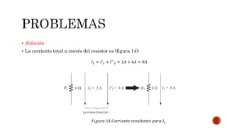  Solución
 La corriente total a través del resistor es (figura 14):
𝐼2 = 𝐼′2 + 𝐼′′2 = 2𝐴 + 6𝐴 = 8𝐴
𝐹𝑖𝑔𝑢𝑟𝑎 14 𝐶𝑜𝑟𝑟𝑖𝑒𝑛𝑡𝑒 𝑟𝑒𝑠𝑢𝑙𝑡𝑎𝑛𝑡𝑒 𝑝𝑎𝑟𝑎 𝐼2
 