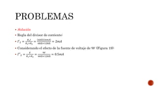  Solución
 Regla del divisor de corriente:
 𝐼′2 =
𝑅1 𝐼
𝑅1+𝑅2
=
6𝑘Ω 6𝑚𝐴
6𝑘Ω+12𝑘Ω
= 2𝑚𝐴
 Considerando el efecto de la fuente de voltaje de 9𝑉 (Figura 19):
 𝐼′′2 =
𝐸
𝑅1+𝑅2
=
9𝑉
6𝑘Ω+12𝑘Ω
= 0.5𝑚𝐴
 