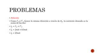  Solución
 Como 𝐼′2 𝑒 𝐼′′2 tienen la misma dirección a través de 𝑅2, la corriente deseada es la
suma de las dos:
 𝐼2 = 𝐼′2 + 𝐼′′2
 𝐼2 = 2𝑚𝐴 + 0.5𝑚𝐴
 𝐼2 = 25𝑚𝐴
 