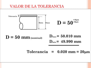 VALOR DE LA TOLERANCIA
DmaxDmin
Tolerancia
D = 50 mm(nominal)
Tolerancia = 0.020 mm = 20m
D = 50
+10m
-10m
Dmin = 49.990 mm
Dmax = 50.010 mm
 