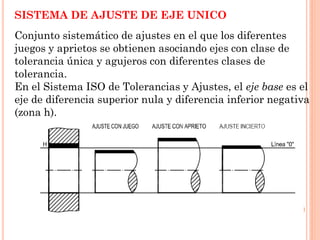 SISTEMA DE AJUSTE DE EJE UNICO
Conjunto sistemático de ajustes en el que los diferentes
juegos y aprietos se obtienen asociando ejes con clase de
tolerancia única y agujeros con diferentes clases de
tolerancia.
En el Sistema ISO de Tolerancias y Ajustes, el eje base es el
eje de diferencia superior nula y diferencia inferior negativa
(zona h).
 
