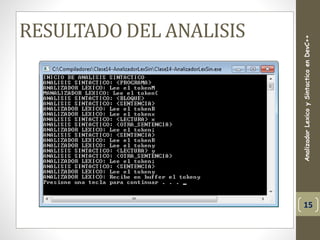 RESULTADO DEL ANALISIS
AnalizadorLexicoySintacticoenDevC++
15
 