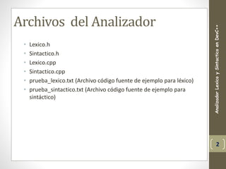 Archivos del Analizador
• Lexico.h
• Sintactico.h
• Lexico.cpp
• Sintactico.cpp
• prueba_lexico.txt (Archivo código fuente de ejemplo para léxico)
• prueba_sintactico.txt (Archivo código fuente de ejemplo para
sintáctico)
AnalizadorLexicoySintacticoenDevC++
2
 